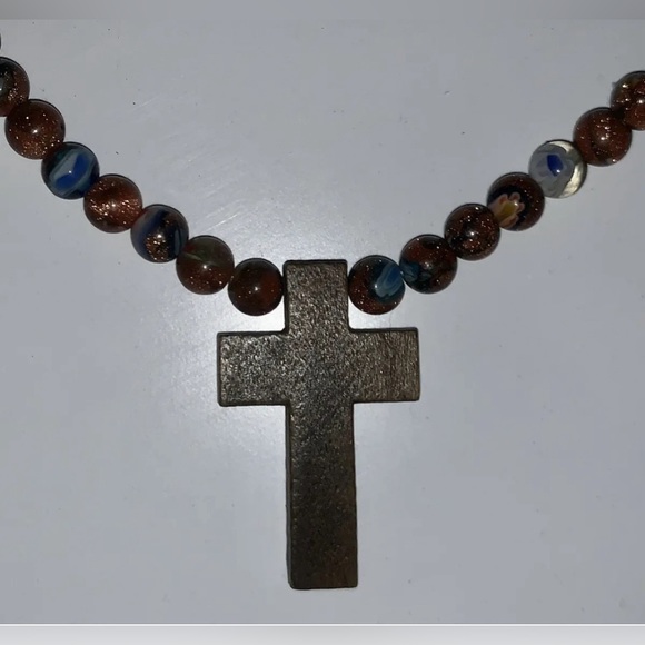 19” Unique Handmade Sunstone/Millefiori Beaded Necklace With Wooden Cross, New! - Picture 2 of 4